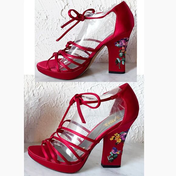 JLo Red Satin Strappy Heels Embroidered Floral Tie Sandals - Women's Size 9-1/2 - Picture 3 of 7